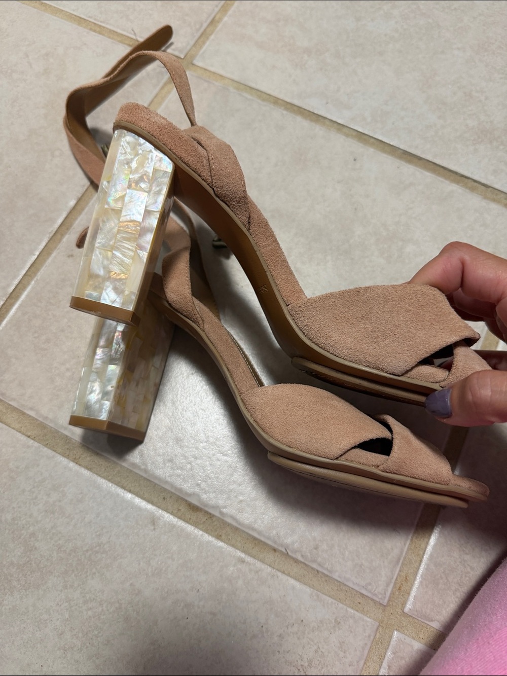 See by Chloe Nude Suede Block Heel Sandals with Pearl-Effect Heel